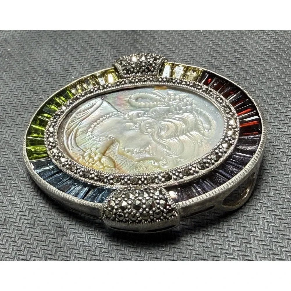 Vintage 925 Sterling Silver Cameo Brooch‎ Pendant MOP Marcasite 37g